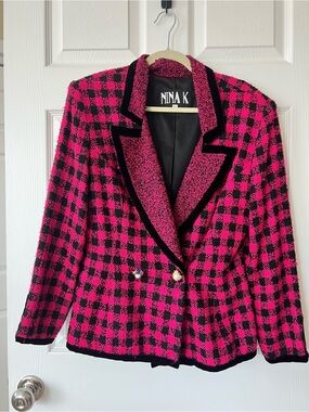 Nina K Pink and Black Checked Tweed Blazer with Velvet Trim and Jeweled Buttons